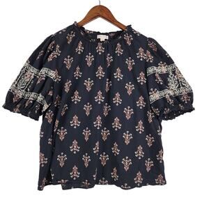 Knox Rose Blouse Women L Black Floral Embroidered Puff Sleeve Peasant Top EUC